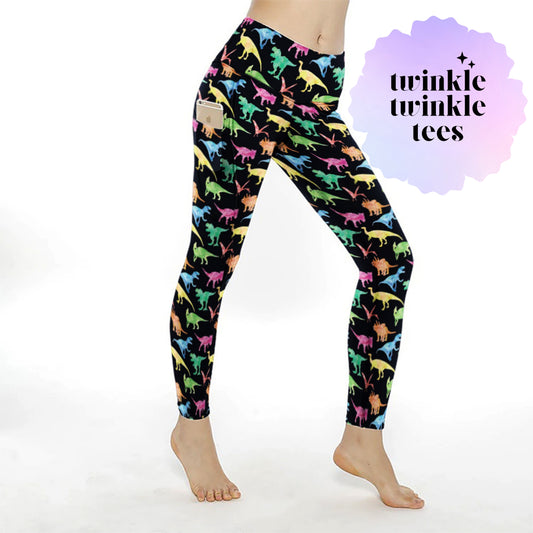 Watercolor Rainbow Dinosaurs Women's Pocket Leggings