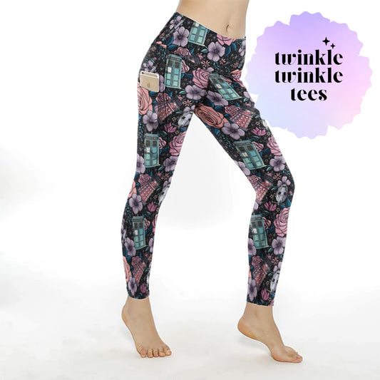 Floral Police Box Women's Pocket Leggings