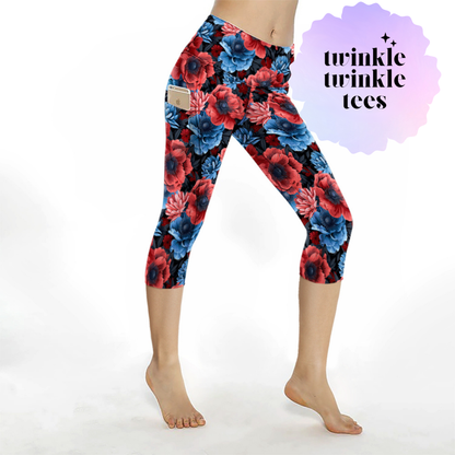 Red and Blue Flowers CAPRI Pocket Leggings