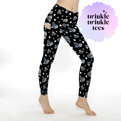 Police Appreciation Hearts Blue Line Flag Full Length Pocket Leggings