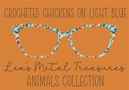 CROCHETED CHICKENS ON LIGHT BLUE Eyewear Frame Toppers COMES WITH MAGNETS