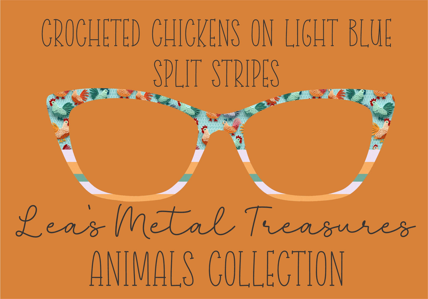 CHROCHETED CHICKENS ON LIGHT BLUE SPLIT STRIPES Eyewear Frame Toppers COMES WITH MAGNETS