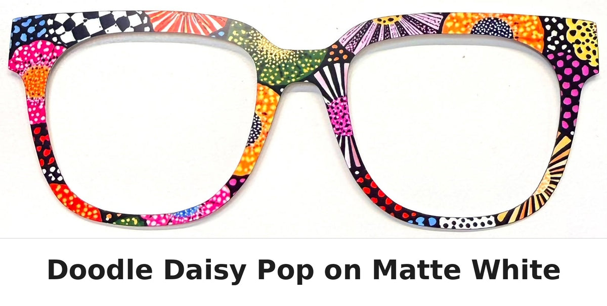 Multicolor patterned acetate eyeglass frames with a black and white checkered corner and a vibrant doodle-inspired design, labeled 'Doodle Daisy Pop on Matte White' on a white background.