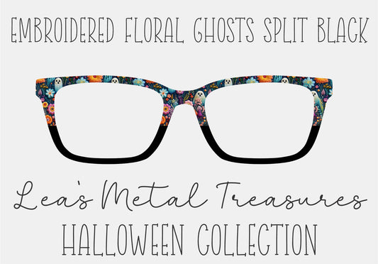 EMBROIDERED FLORAL GHOSTS SPLIT BLACK Eyewear Frame Toppers COMES WITH MAGNETS