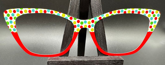 READY TO SHIP CLEARANCE Wendy CHRISTMAS DOTS SPLIT RED ON GLOSS WHITE Eyewear Frame Toppers Comes with Magnets 10/12/2024