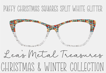 PUFFY CHRISTMAS SQUARES SPLIT WHITE GLITTER Eyewear Frame Toppers COMES WITH MAGNETS