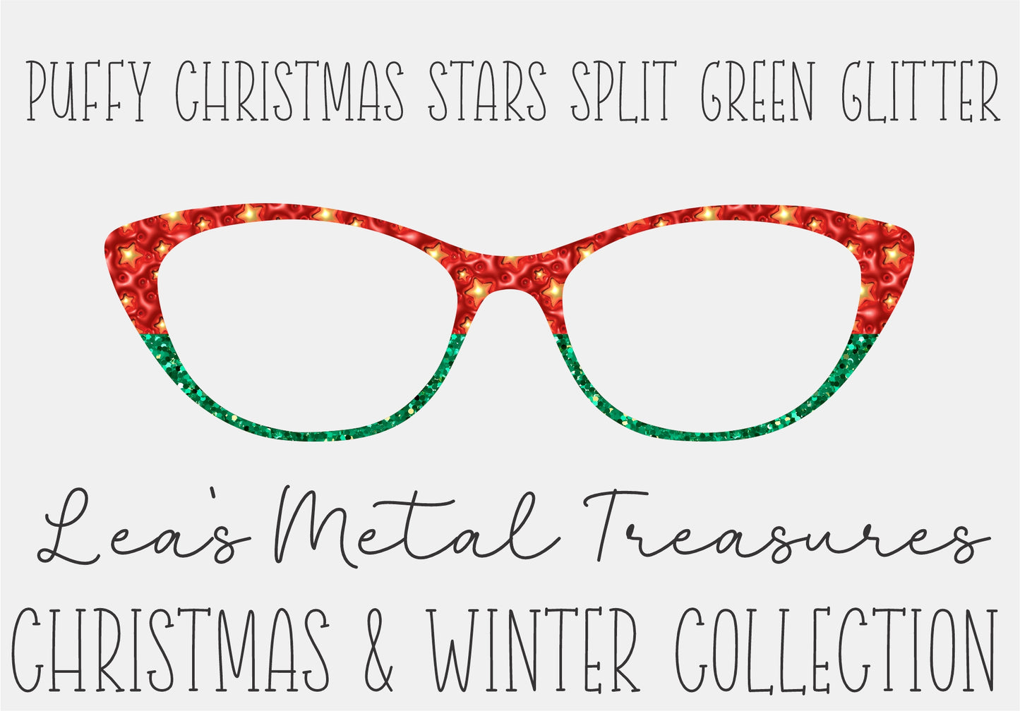 PUFFY CHRISTMAS STARS SPLIT GREEN GLITTER Eyewear Frame Toppers COMES WITH MAGNETS