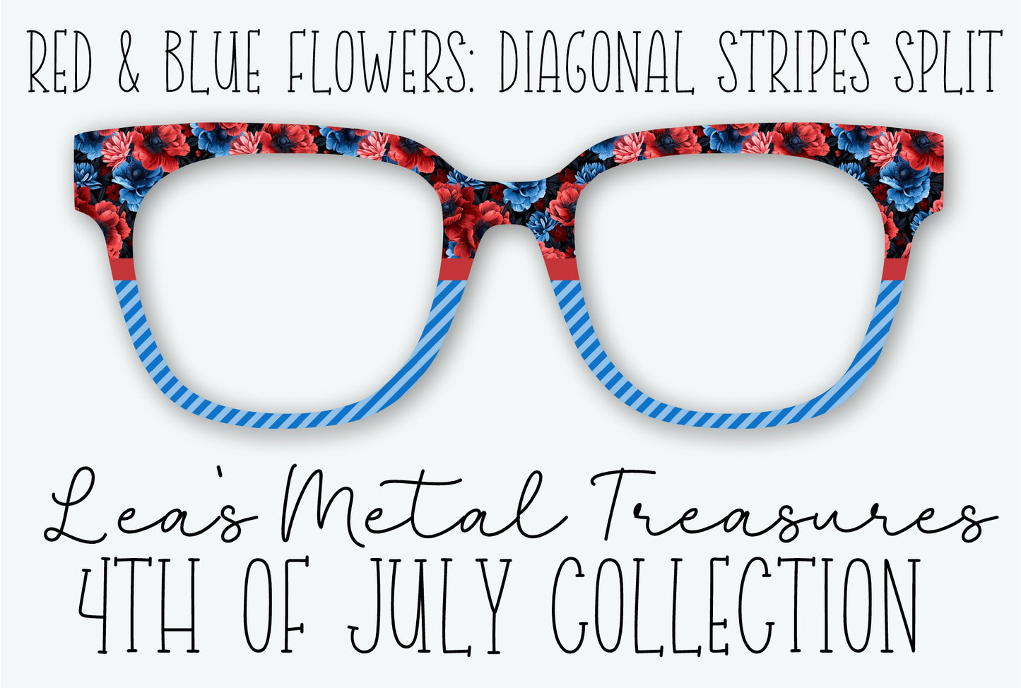 RED & BLUE FLOWERS: DIAGONAL STRIPES SPLIT Eyewear Frame Toppers