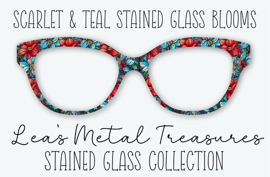 Scarlet and Teal Stained Glass Blossoms Eyewear Frame Toppers