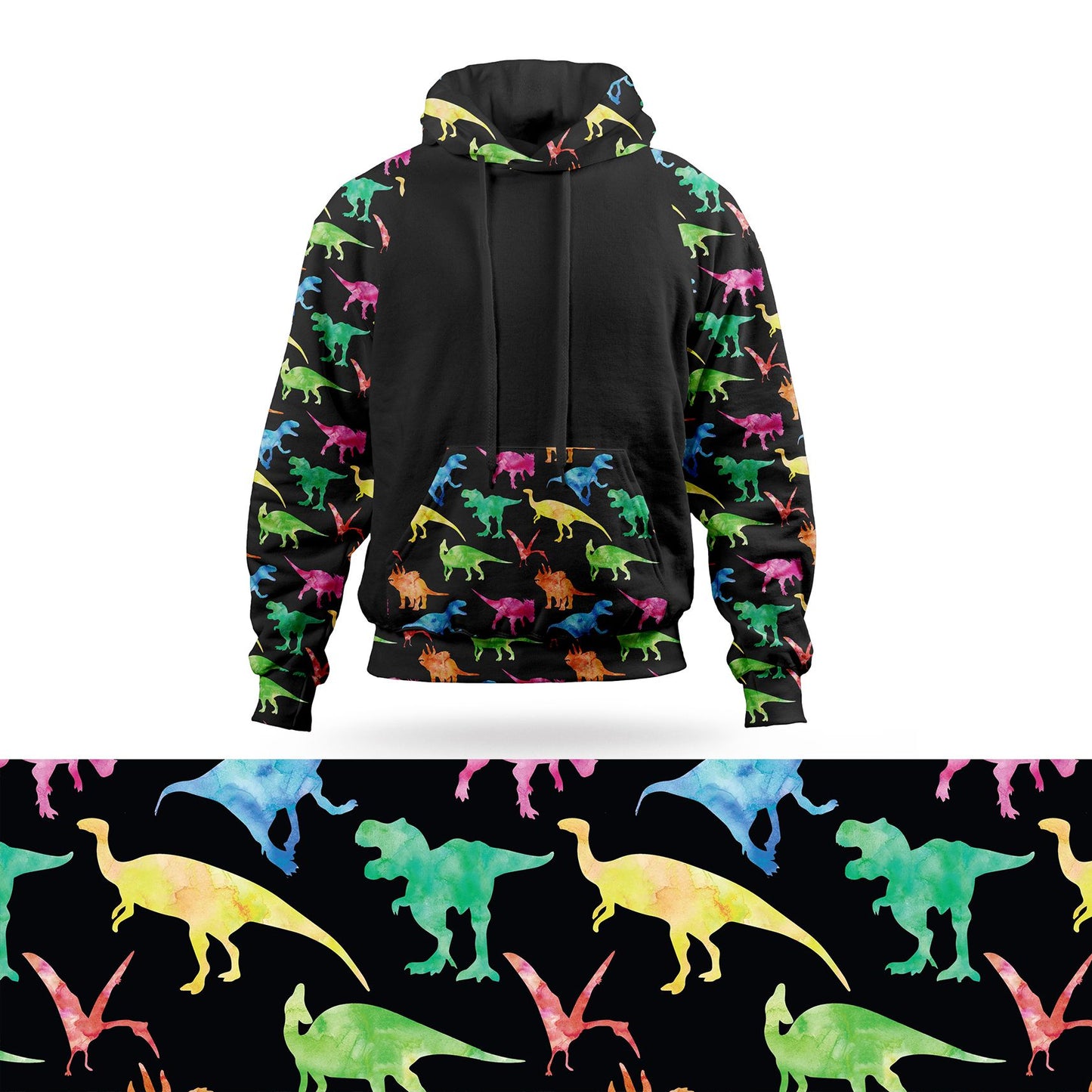 Watercolor Rainbow Dinosaurs Pullover Hoodie