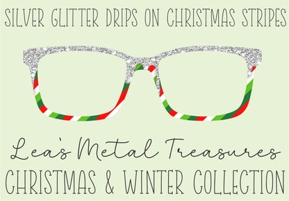 Silver Glitter Drips on Christmas Stripes Eyewear Toppers COMES WITH MAGNETS