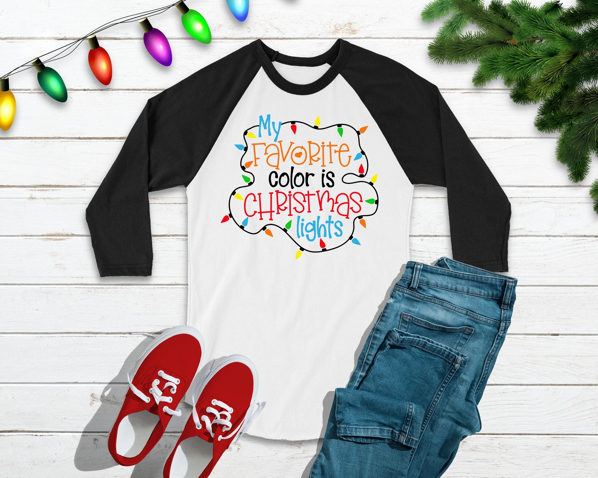 My Favorite Color is Christmas Lights unisex raglan t-shirt - women's christmas tee 
