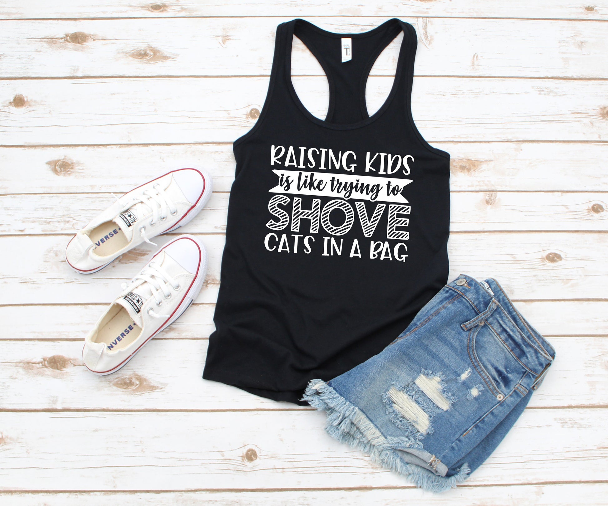 Raising Kids is Like Trying to Shove Cats in A Bag racerback tank t-shirt - funny mom shirt - toddler mom shirt - twin mom - triplet mom