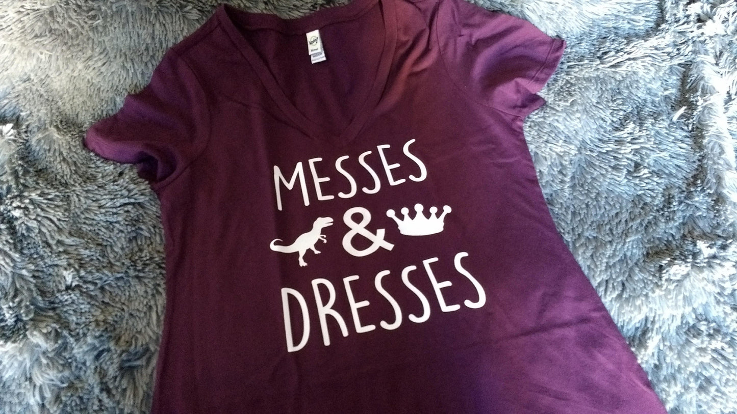 Messes & Dresses Women's V-neck T-Shirt - mom of both shirt - dinosaur and crown - mom life shirt - mother's day shirt - gift for mom