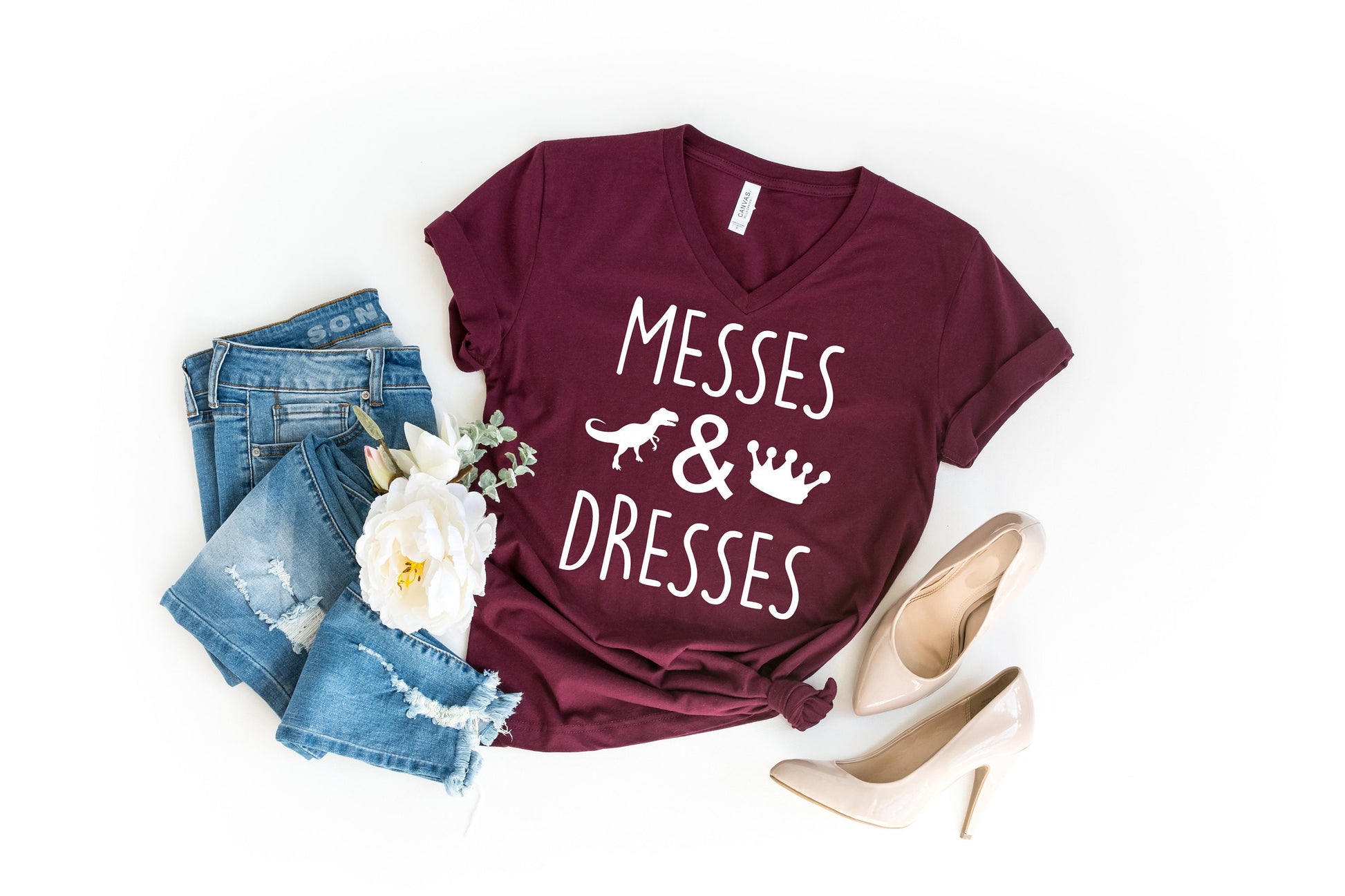 Messes & Dresses Women's V-neck T-Shirt - mom of both shirt - dinosaur and crown - mom life shirt - mother's day shirt - gift for mom