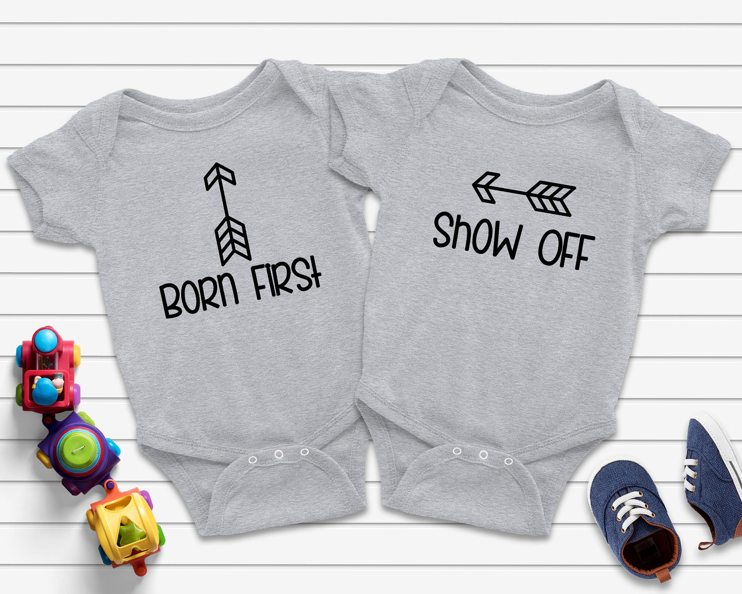 Born First and Show Off Bodysuits for Twins - Identical Twins - Twin Tees - Fraternal Twins - Shirts for Twins - Twin Outfits