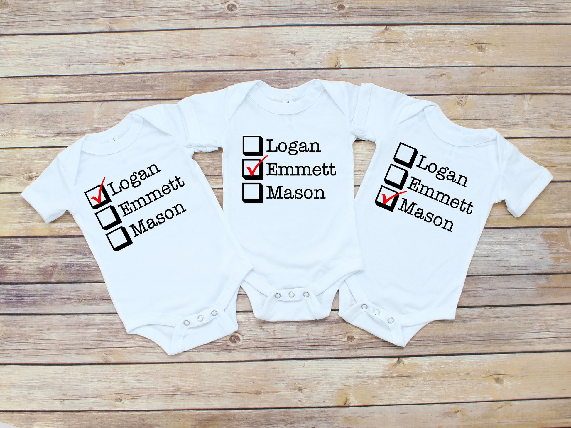 Triplet Name Checklist Infant Bodysuits or Shirts for Triplets - triplet gifts - triplet baby shower - Personalized Triplet Shirts