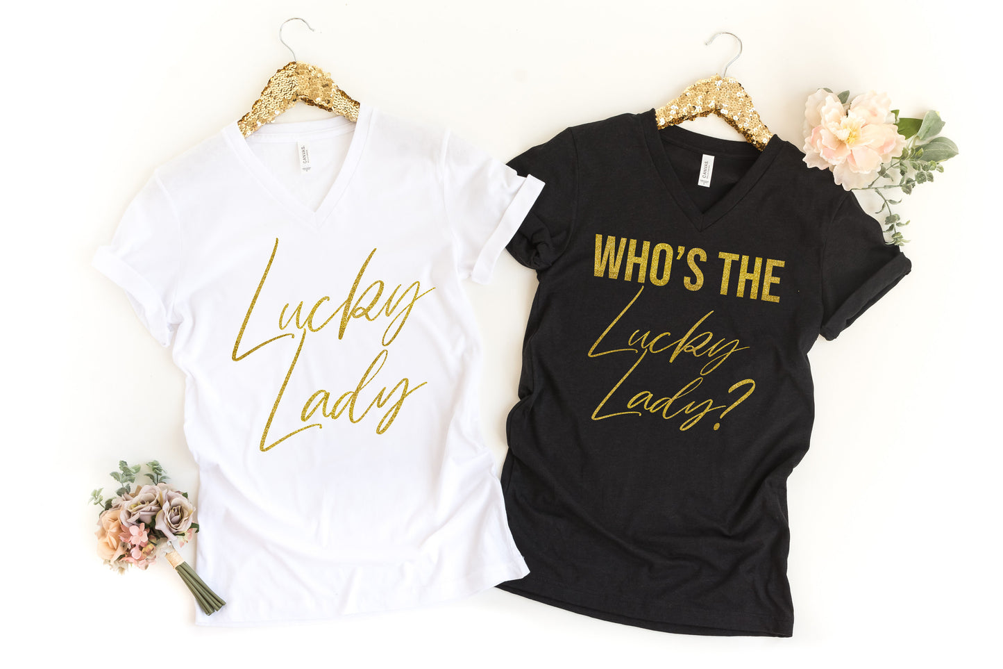 Who&#39;s the Lucky Lady? & Lucky Lady Women&#39;s V-neck Bachelorette Party T-Shirts - Black and Gold Wedding - bachelorette matching tees