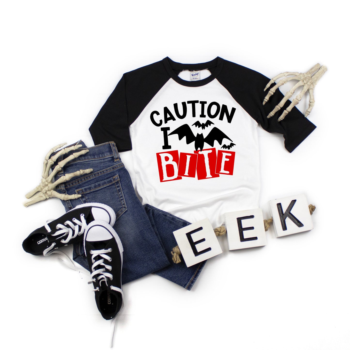 Caution I Bite Halloween Infant, Toddler or Kids Halloween Raglan Tee - kids halloween shirt - halloween toddler shirt - Vampire Kids Shirt