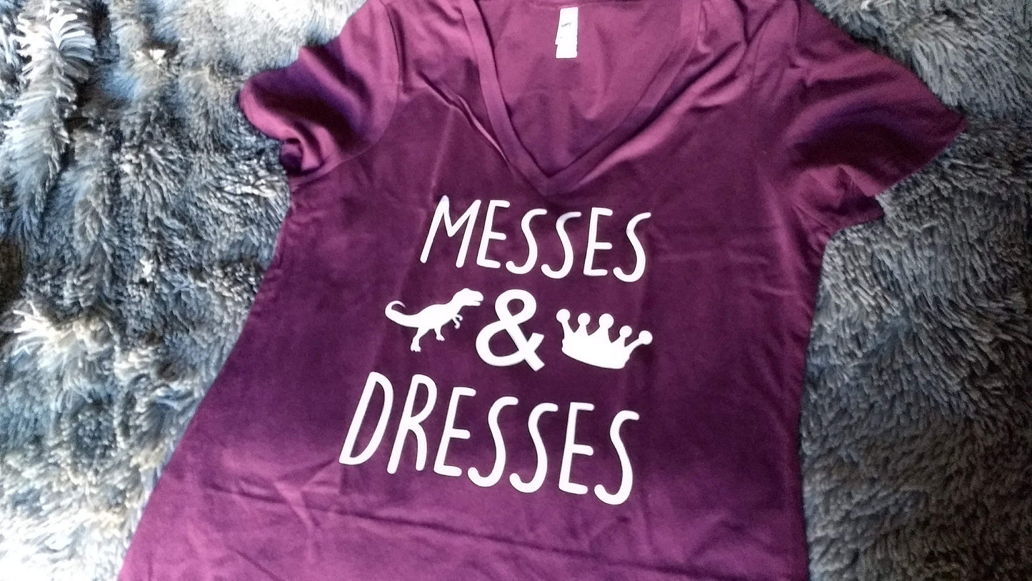 Messes & Dresses Women's V-neck T-Shirt - mom of both shirt - dinosaur and crown - mom life shirt - mother's day shirt - gift for mom