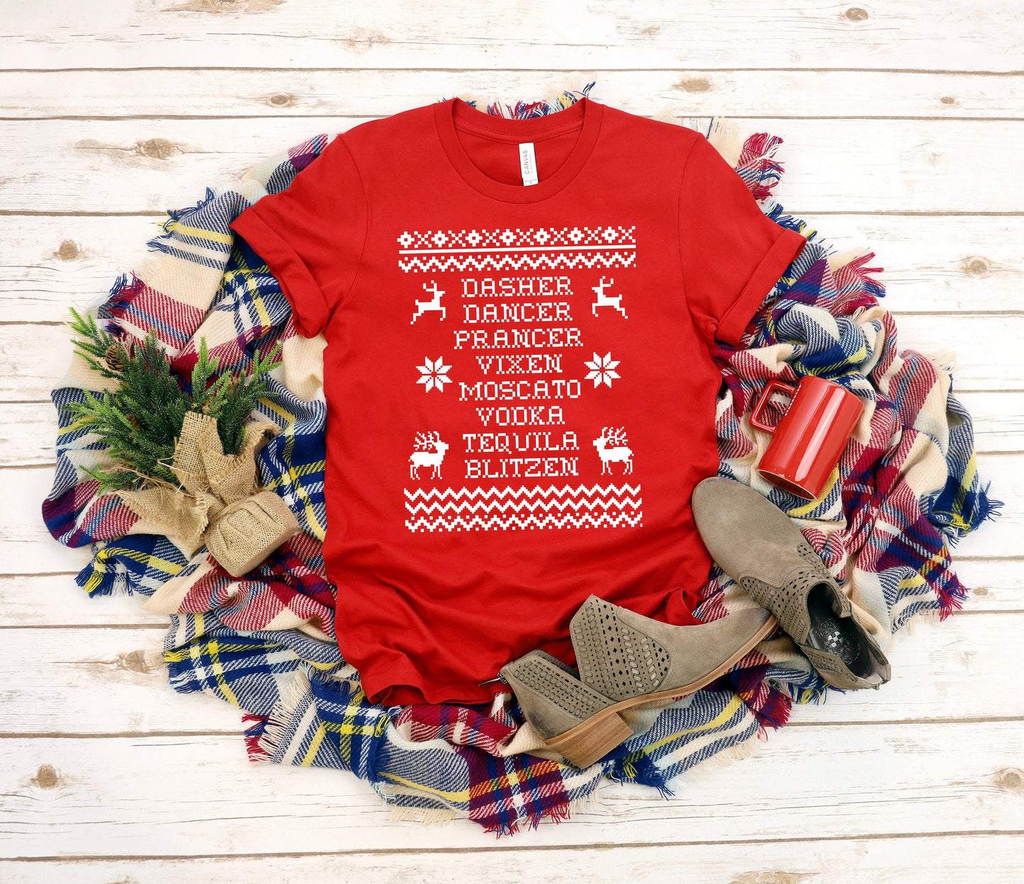 Reindeer Alcohol Ugly Christmas Sweater Unisex Crewneck T-Shirt - Funny Drinking Shirt - Christmas Party Shirt - Wine Shirt - Vodka Shirt
