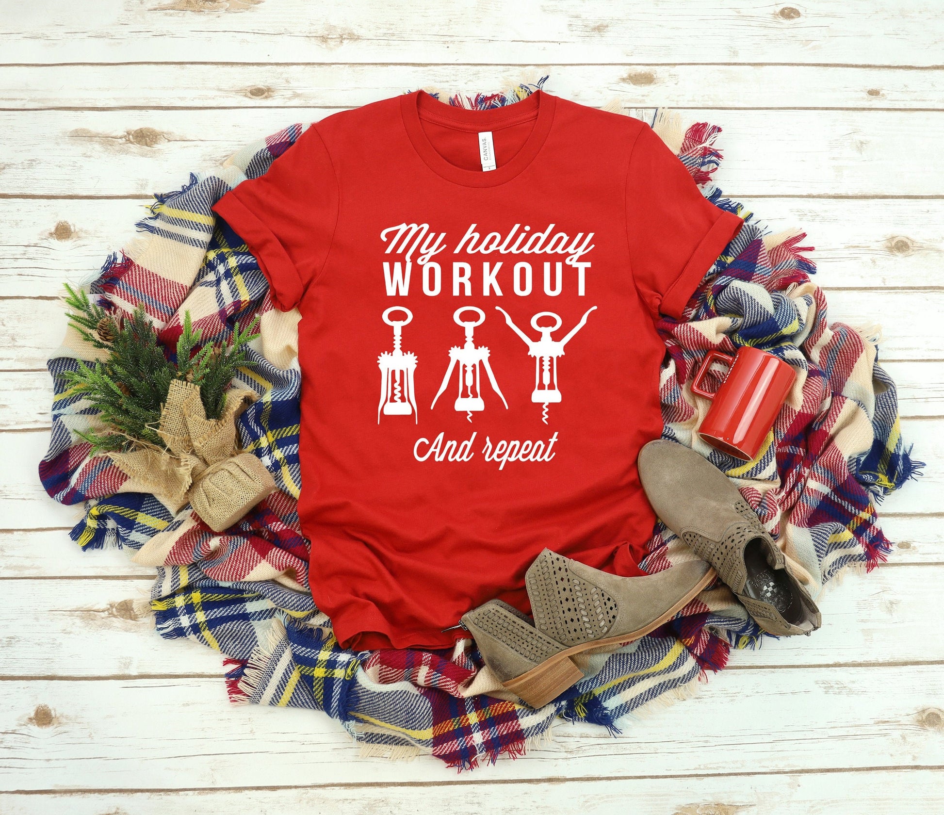 My Holiday Workout Women's Crewneck T-Shirt - Funny Drinking Shirt - Christmas Party Shirt - Wine Shirt - wine lover gift - wine tee