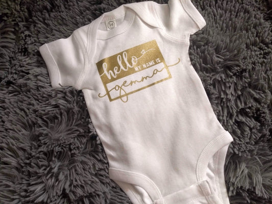 Hello My Name is Custom Name Infant or Kids Shirt or Bodysuit - baby name reveal - hello world baby - my name is - custom hello world