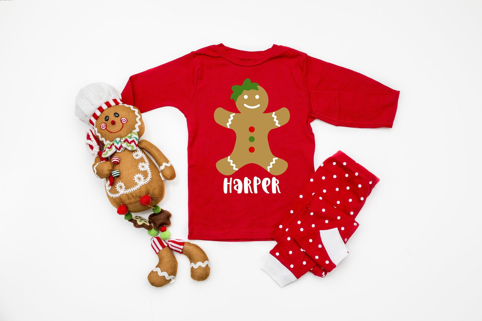 Personalized Gingerbread Girl Polka Dot Infant or Kids Christmas Pajamas - kids christmas pjs - baby christmas pjs - matching family pjs