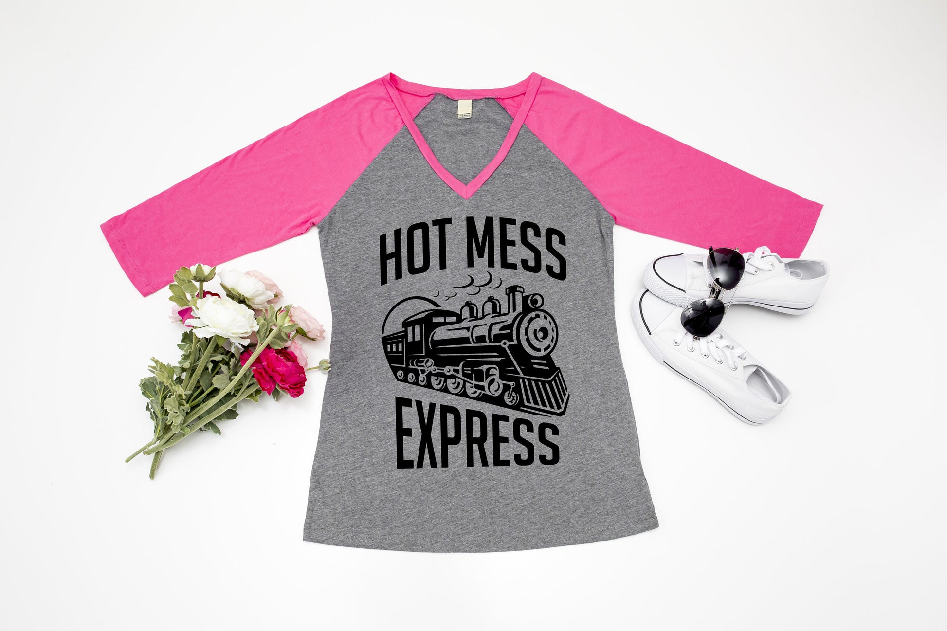 Hot Mess Express raglan women&#39;s t-shirt - train shirt - steam train - funny mom shirt - mom life shirt - hot mess mama - toddler mom