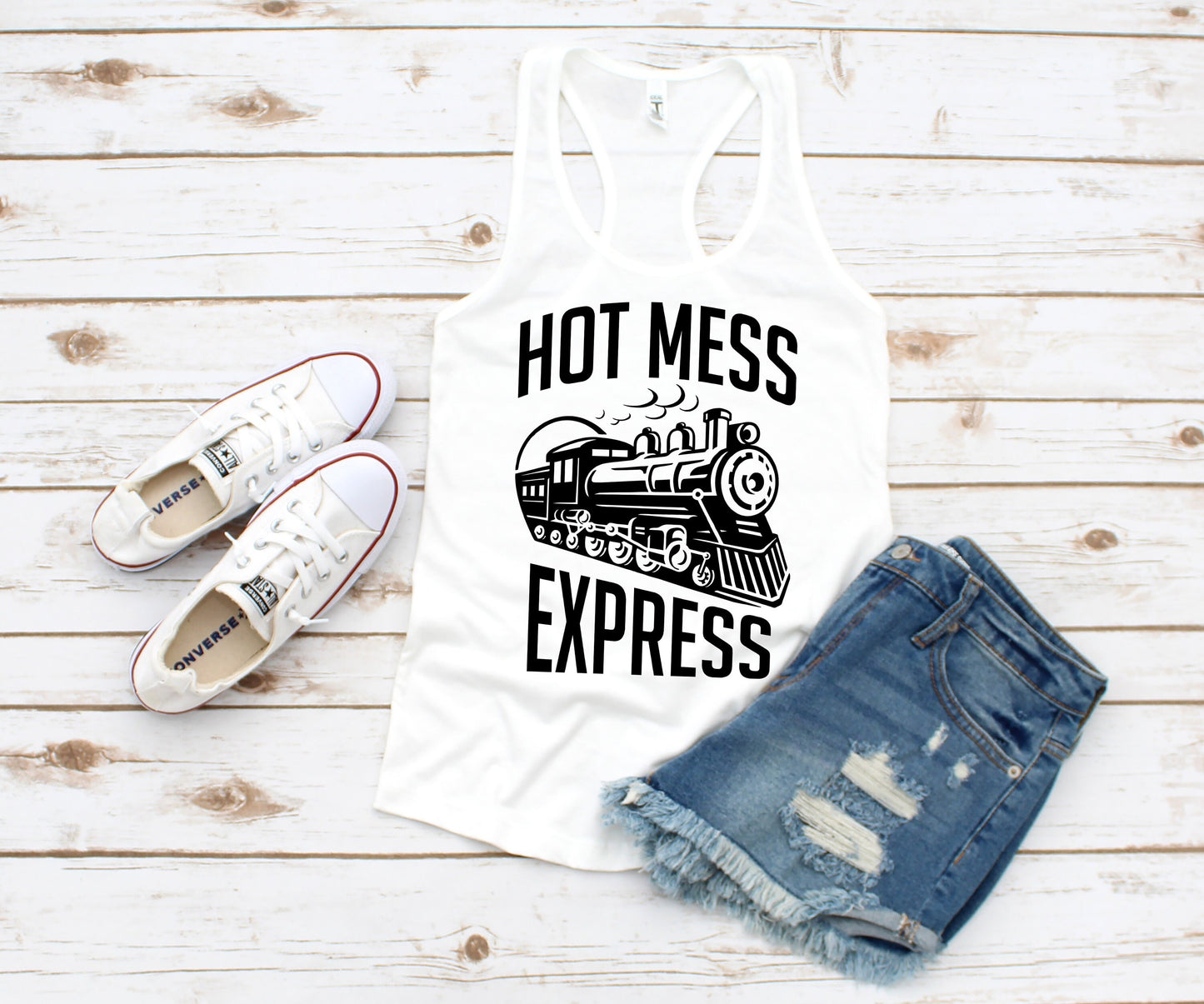 Hot Mess Express racerback tank t-shirt - funny mom shirt - train birthday party mom shirt - train halloween costume mom shirt