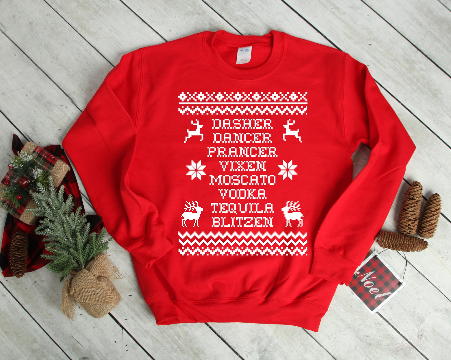 Funny Reindeer Alcohol Ugly Christmas Sweater Women's Crewneck Fleece Pullover Sweatshirt, Funny Drinking Shirt, Christmas Party