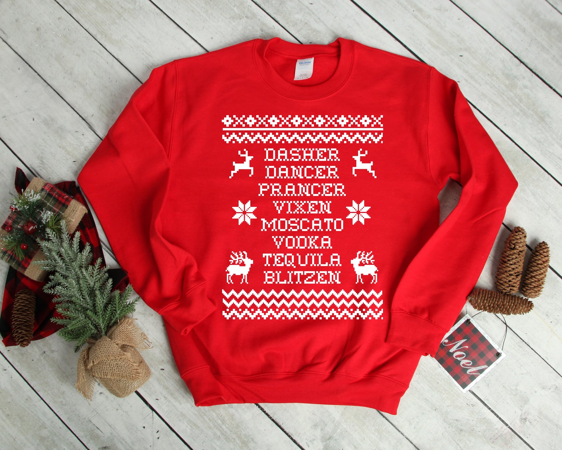 Reindeer Alcohol Ugly Christmas Sweater Women's Crewneck Fleece Pullover Sweatshirt - Funny Drinking Shirt - Christmas Party - Wine Shirt