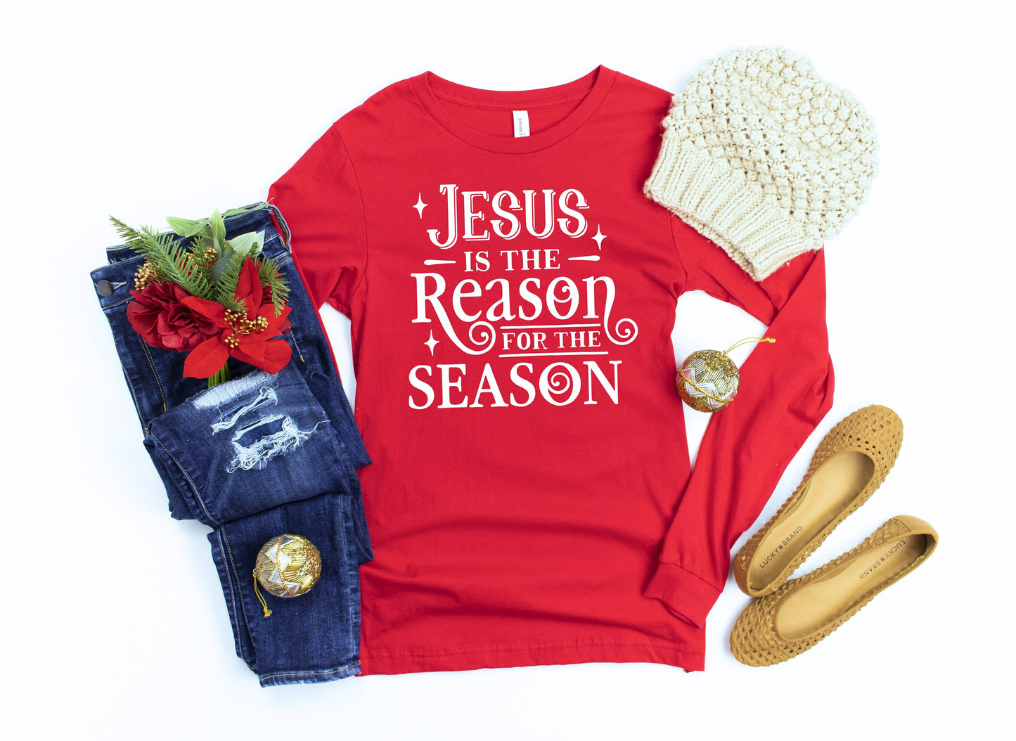 Jesus is the Reason for the Season Women's Crewneck Longsleeved T-Shirt -  Christmas Party Shirt - Religious Christmas Shirt - Jesus Shirt