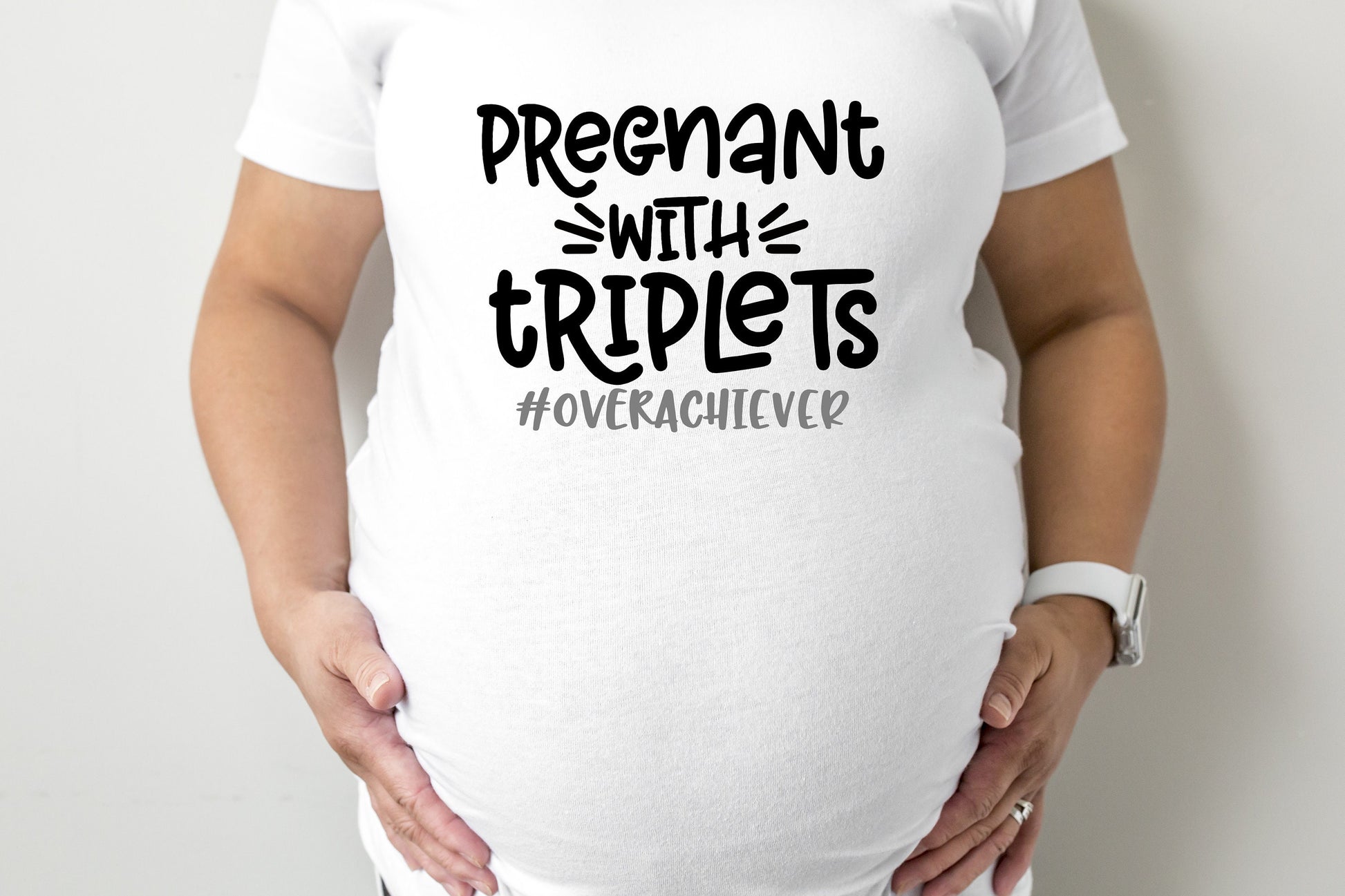 Pregnant With Triplets Overachiever Maternity T-Shirt - maternity cut shirt with ruched sides - pregnancy announcement - funny maternity tee