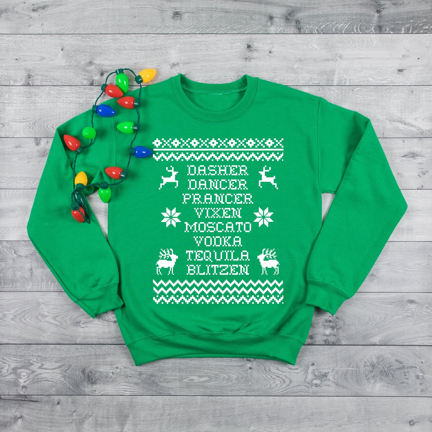 Funny Reindeer Alcohol Ugly Christmas Sweater Women's Crewneck Fleece Pullover Sweatshirt, Funny Drinking Shirt, Christmas Party
