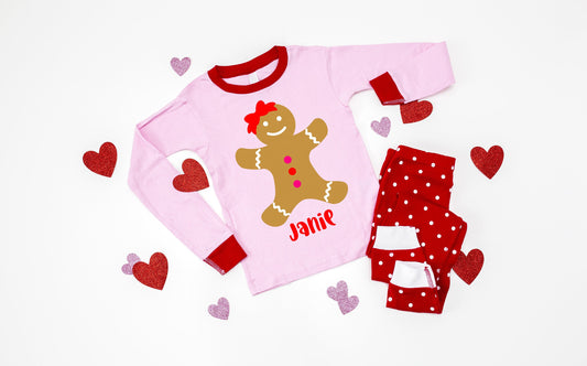 Personalized Gingerbread Girl Pink Infant or Kids Christmas Pajamas - kids christmas pjs - baby christmas pjs - matching family christmas