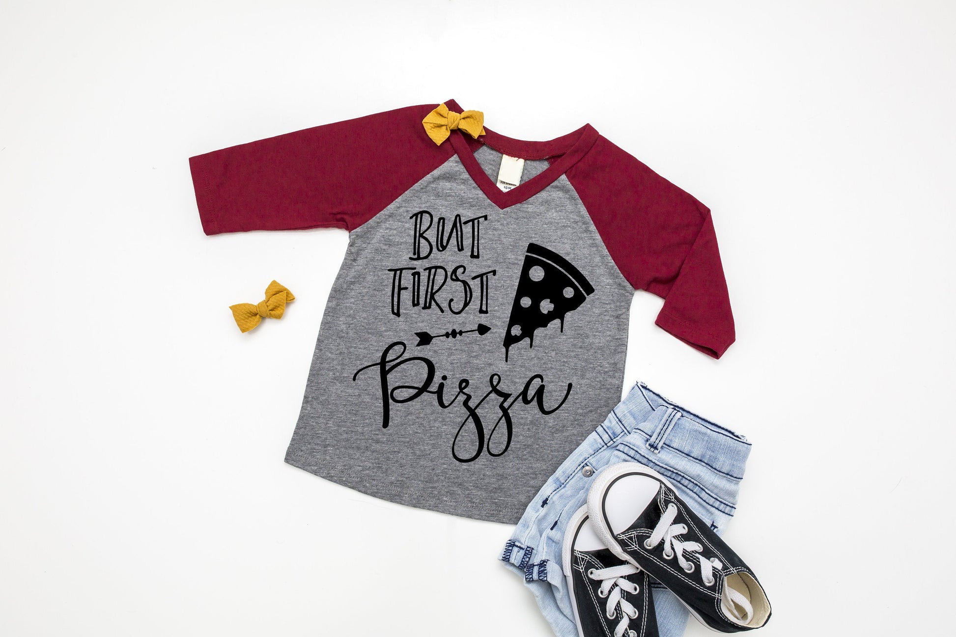 But First Pizza Toddler, Girl&#39;s or Women&#39;s Raglan T-Shirt - toddler girl shirt - pizza shirt - baseball style tee - pizza party shirt