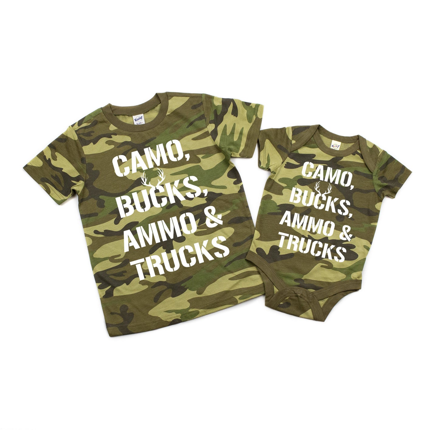 Camo Bucks Ammo Trucks Infant or Youth Shirt or Bodysuit - Toddler Boy Shirt - Hunting Shirts for Kids - 2nd Amendment Shirt for Kids