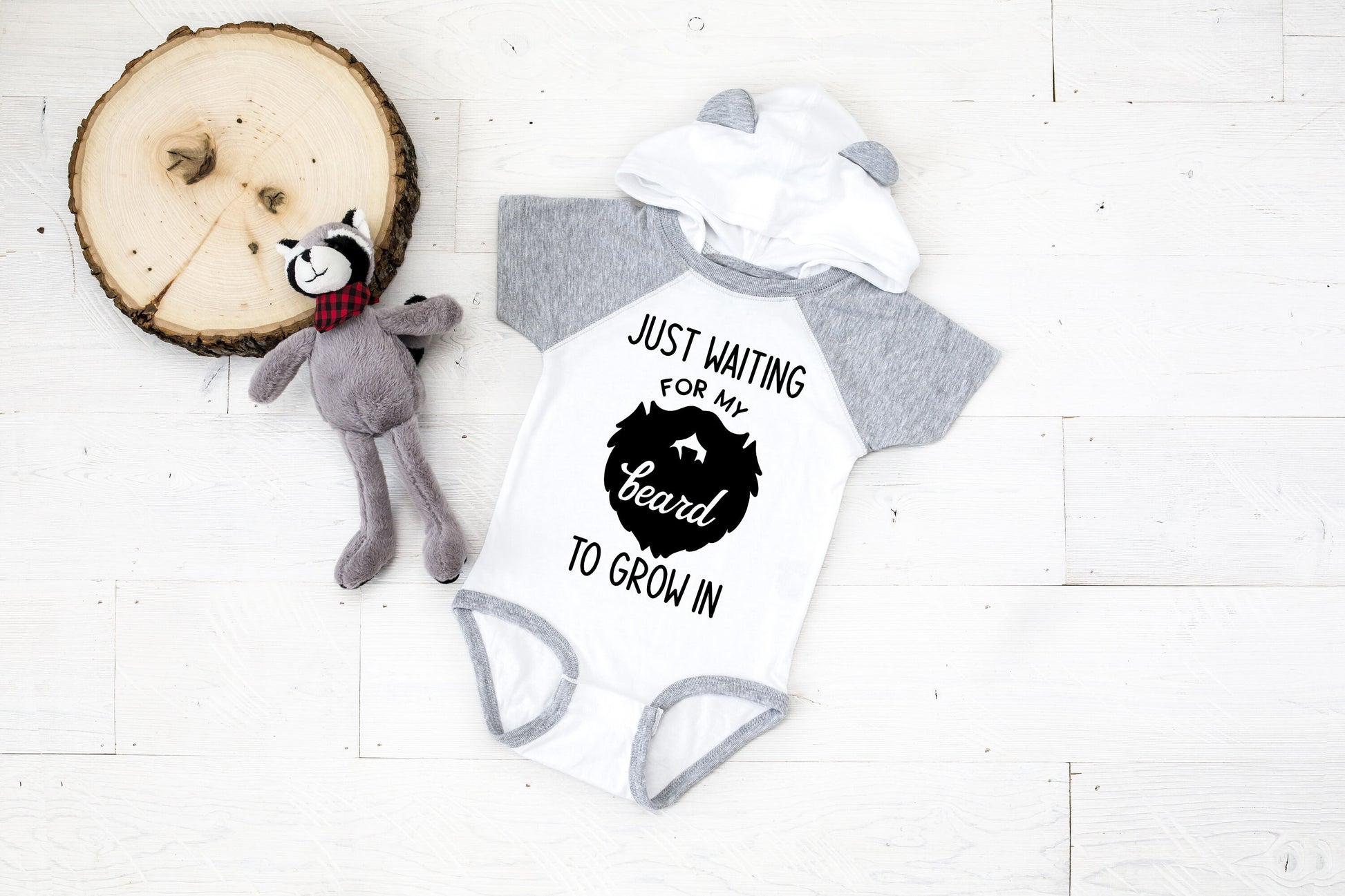 Just Waiting for My Beard to Grow In Bear Ears Hoodie Infant Bodysuit - baby bear bodysuit - cute baby clothes - baby boy gift - bearded dad