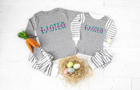 Easter Blessings Gray Striped Baby, Toddler or Kids Unisex Easter Pajamas - toddler easter pjs - baby easter pjs