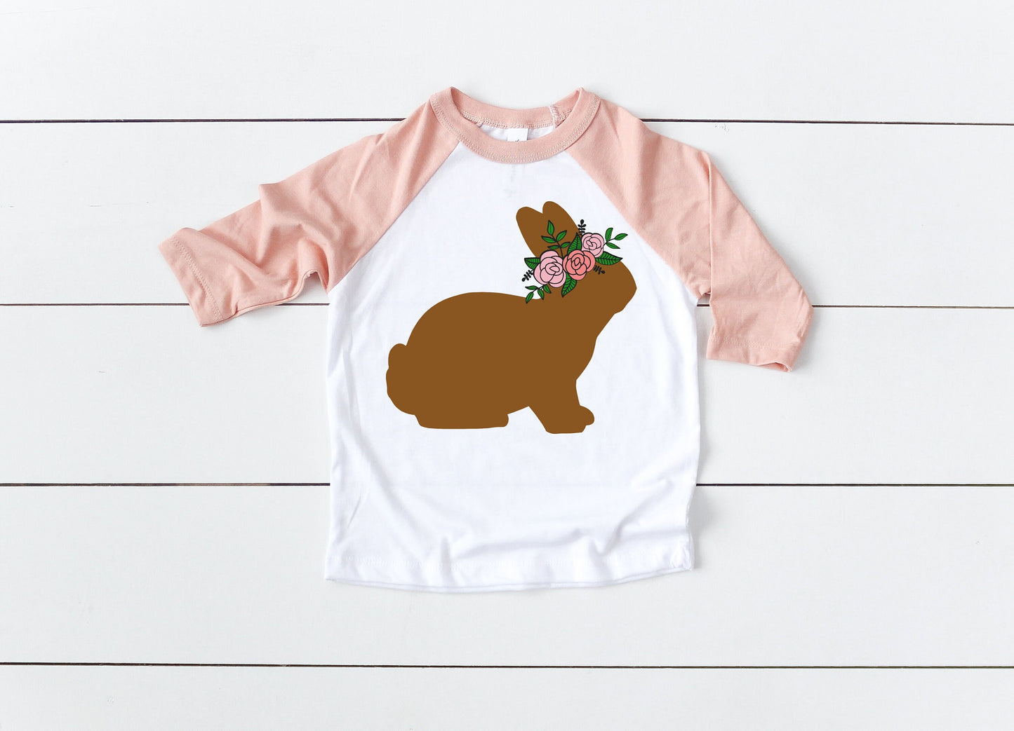 Flower Crown Bunny Toddler or Kids Bella + Canvas Peach Raglan Easter Tee - girls Easter Shirt -