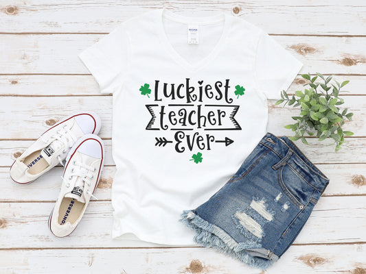 Luckiest Teacher Ever St Patrick's Day Women's V-neck T-Shirt - Lucky Teacher shirt - Teacher Gift - Teacher St Patricks - Irish Shirt