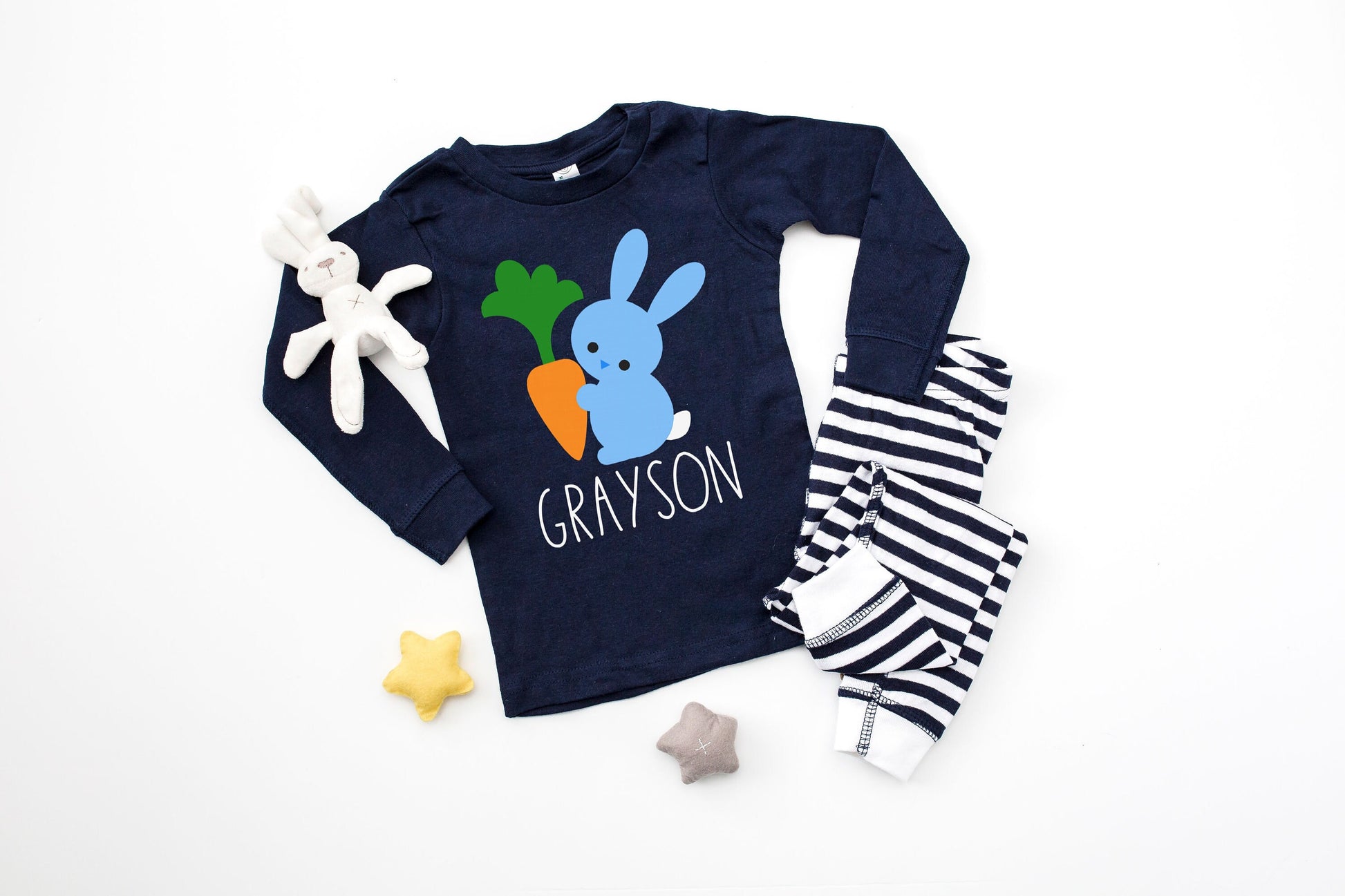 Personalized Easter Bunny with Carrot Navy Striped Baby, Toddler or Kids Easter Pajamas - toddler easter pjs - baby easter pjs - boys pjs