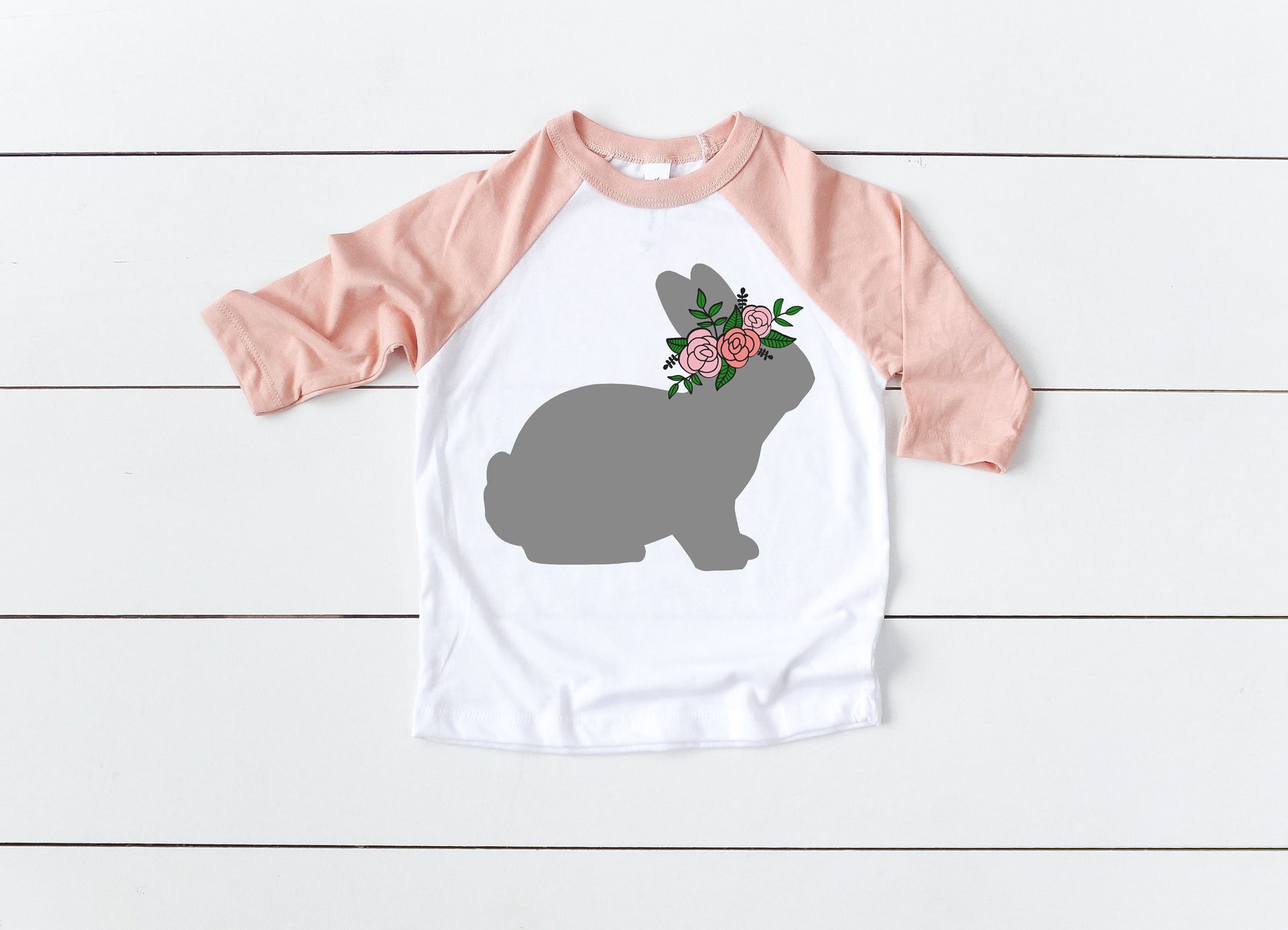 Flower Crown Bunny Toddler or Kids Bella + Canvas Peach Raglan Easter Tee - girls Easter Shirt -