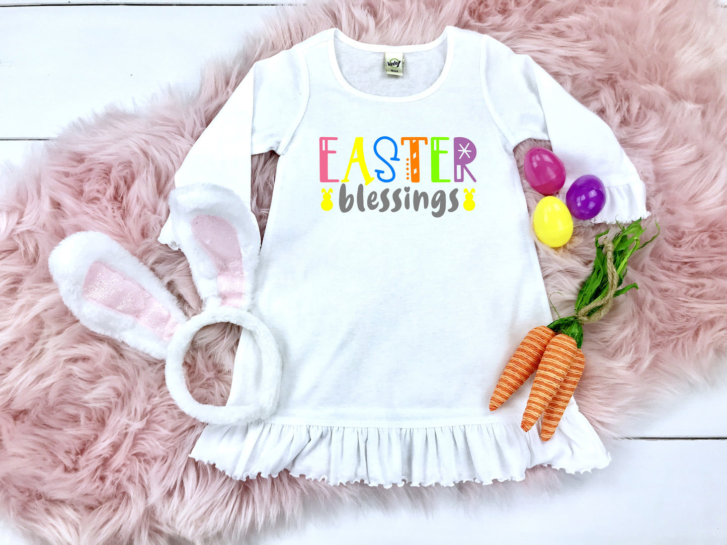 Easter Blessings Ruffled 3/4 Sleeve Girl&#39;s Dress - Toddler Girl Easter Dress - Spring Dress - Easter Bunny Dress - Baby Easter Outfit