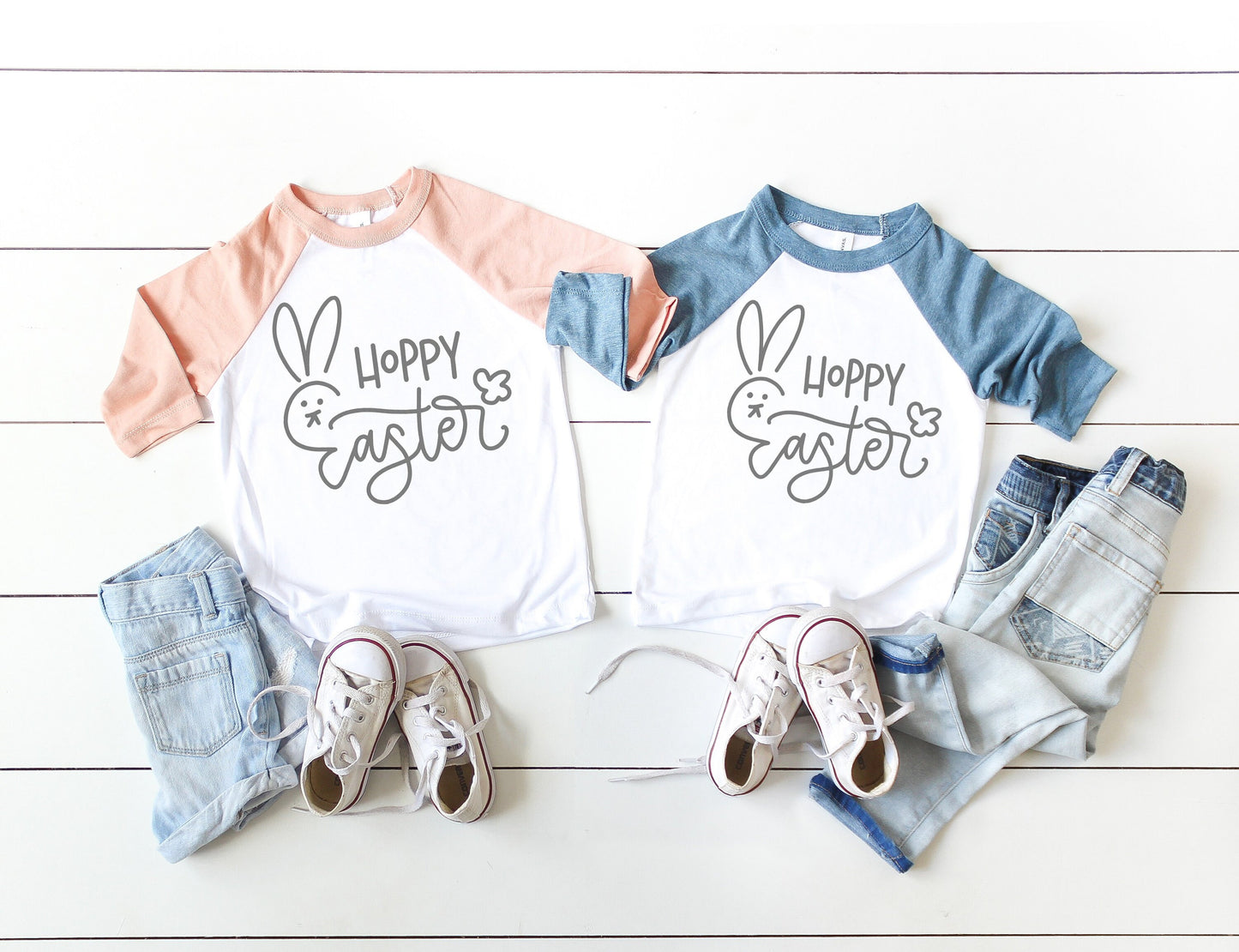 Hoppy Easter Bunny Toddler or Kids Bella + Canvas Peach Raglan Easter Tee - girls Easter Shirt - boys easter shirt - first easter shirt