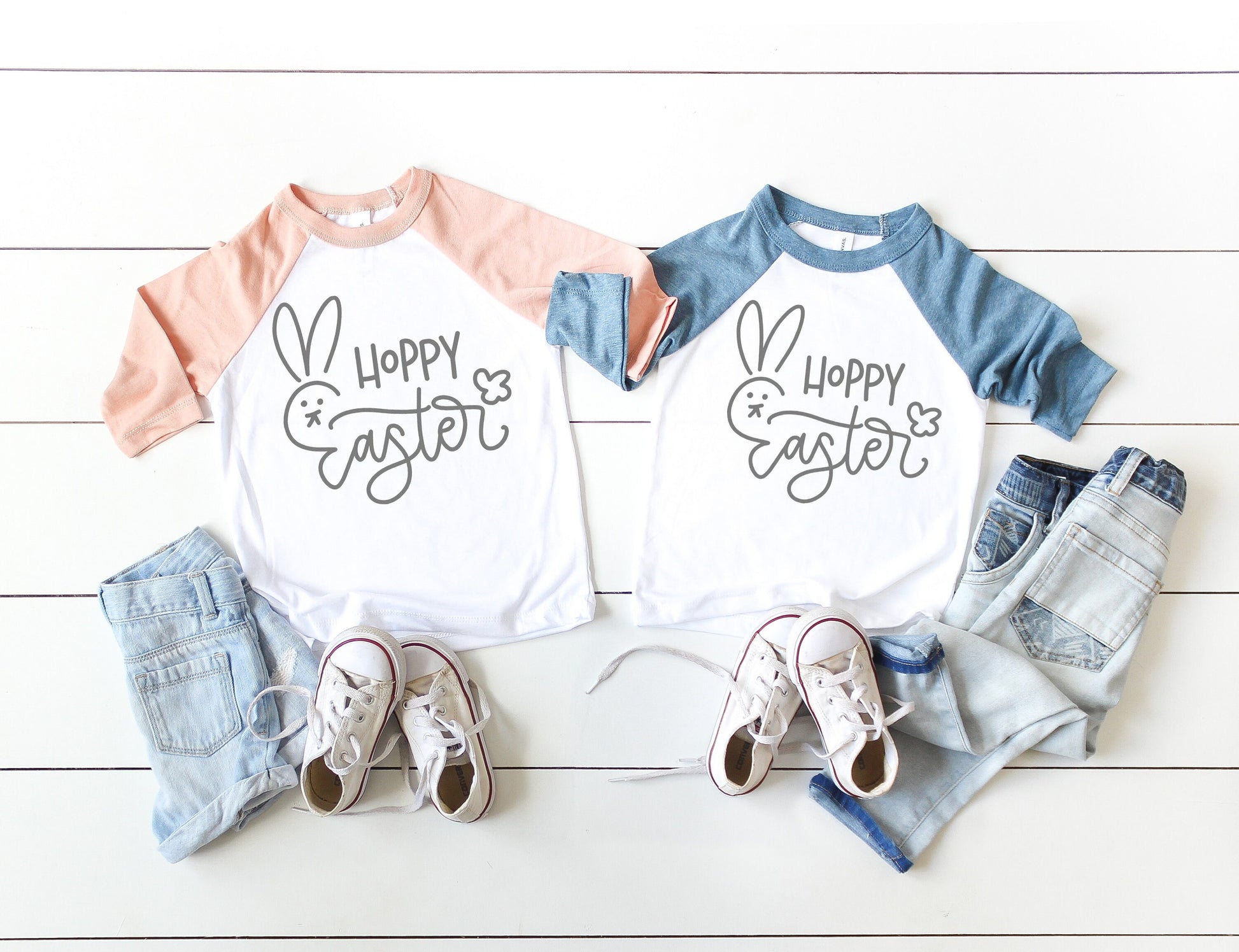 Hoppy Easter Bunny Toddler or Kids Bella + Canvas Peach Raglan Easter Tee - girls Easter Shirt - boys easter shirt - first easter shirt
