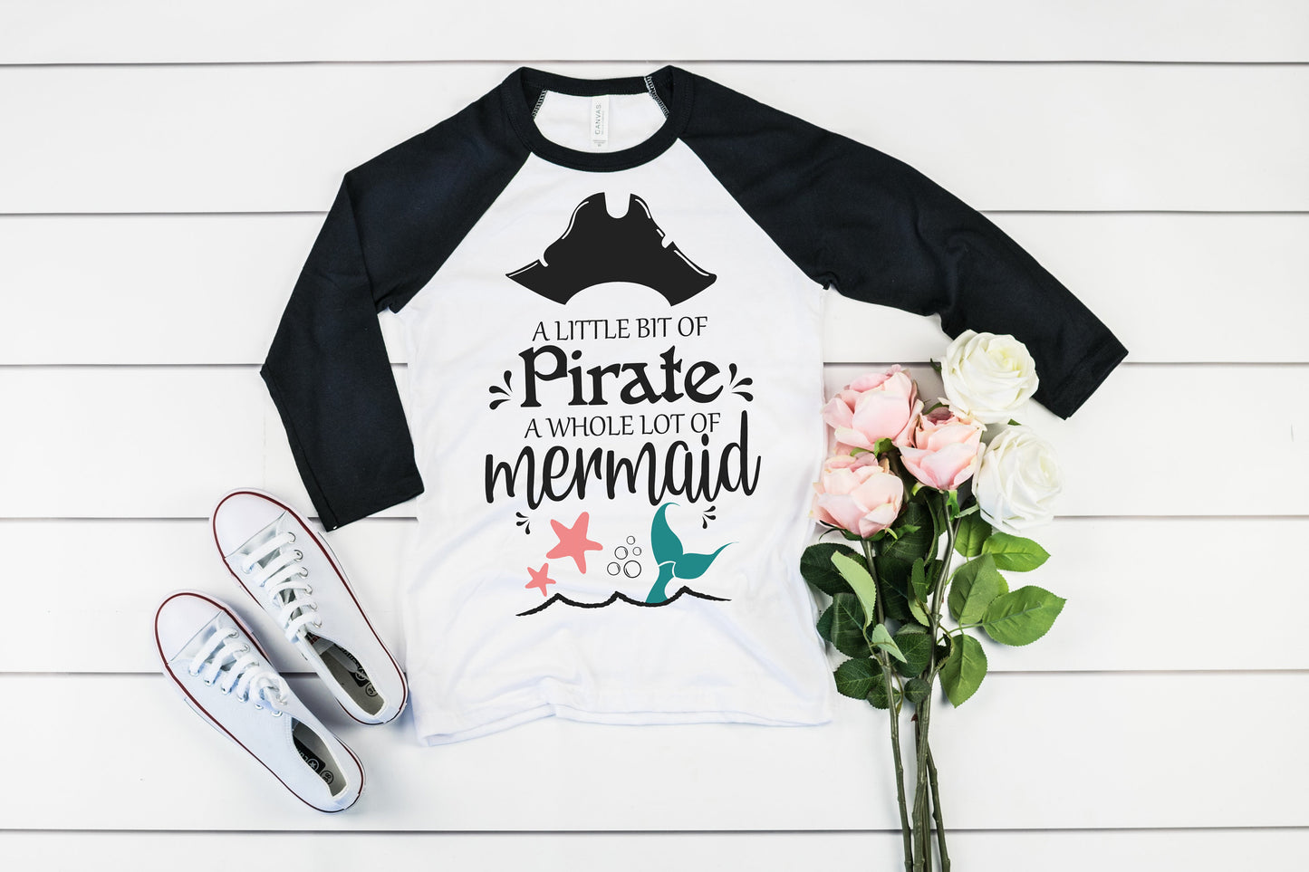 A Little Bit of Pirate and a Whole Lot of Mermaid women's raglan t-shirt - women's mermaid shirt - women's pirate shirt - mermaid at heart