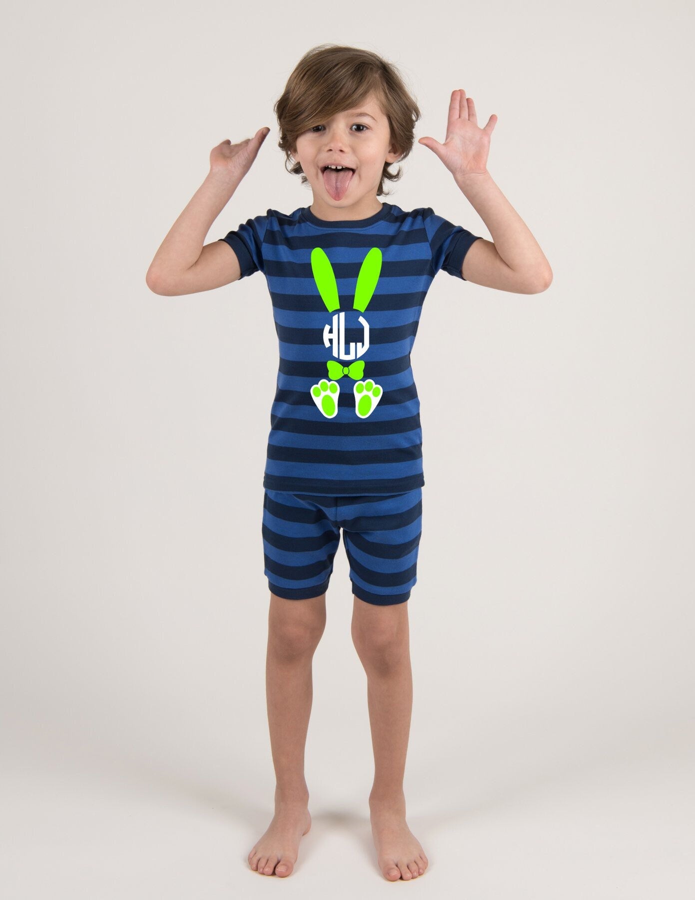 Easter Bunny Monogrammed Blue Striped Boys Easter Pajamas - toddler easter pjs - boys easter pjs - shorts pajama set