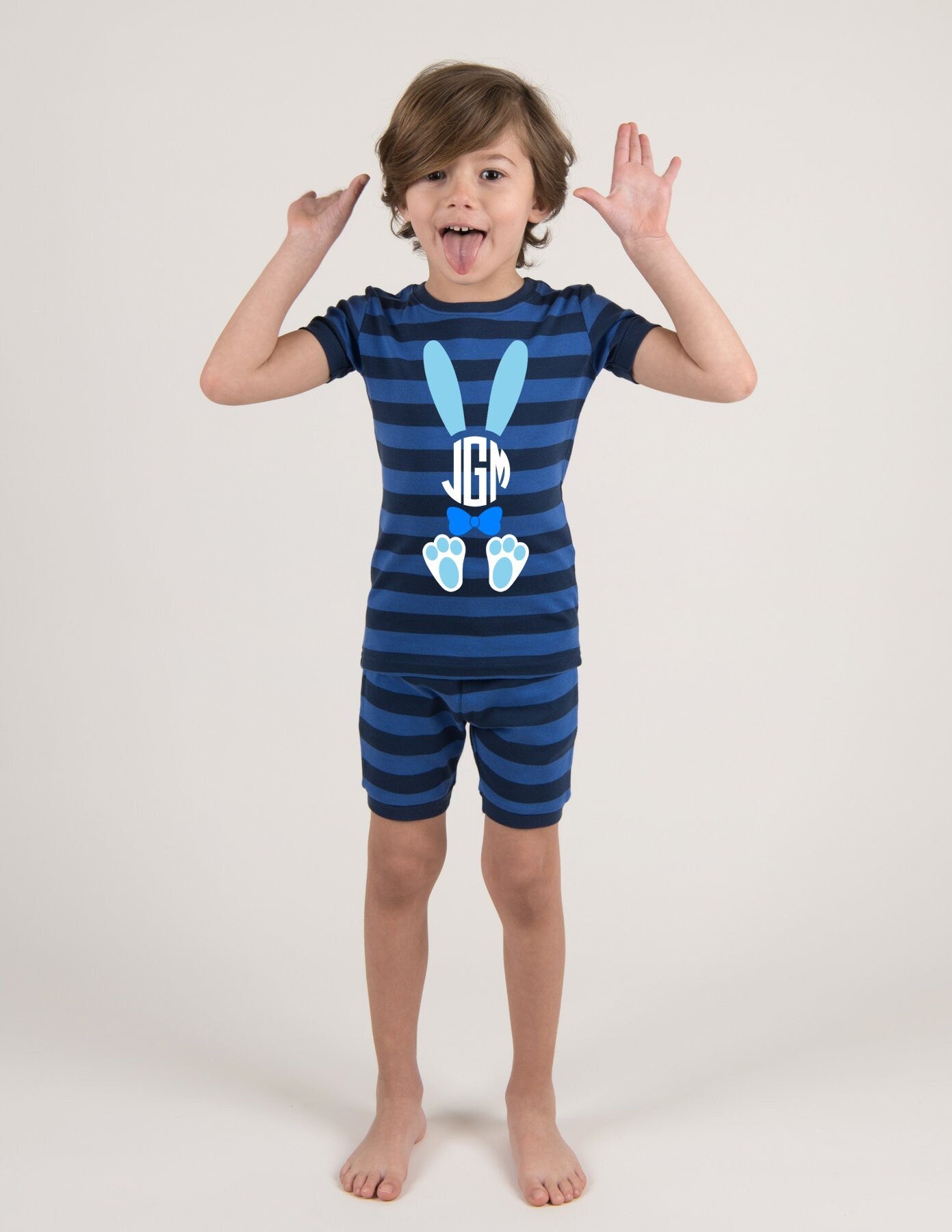 Easter Bunny Monogrammed Blue Striped Boys Easter Pajamas toddler ea Twinkle Twinkle Tees